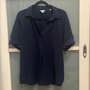 Max Studio London Blue V-Neck Collared Top with Short Sleeves, L